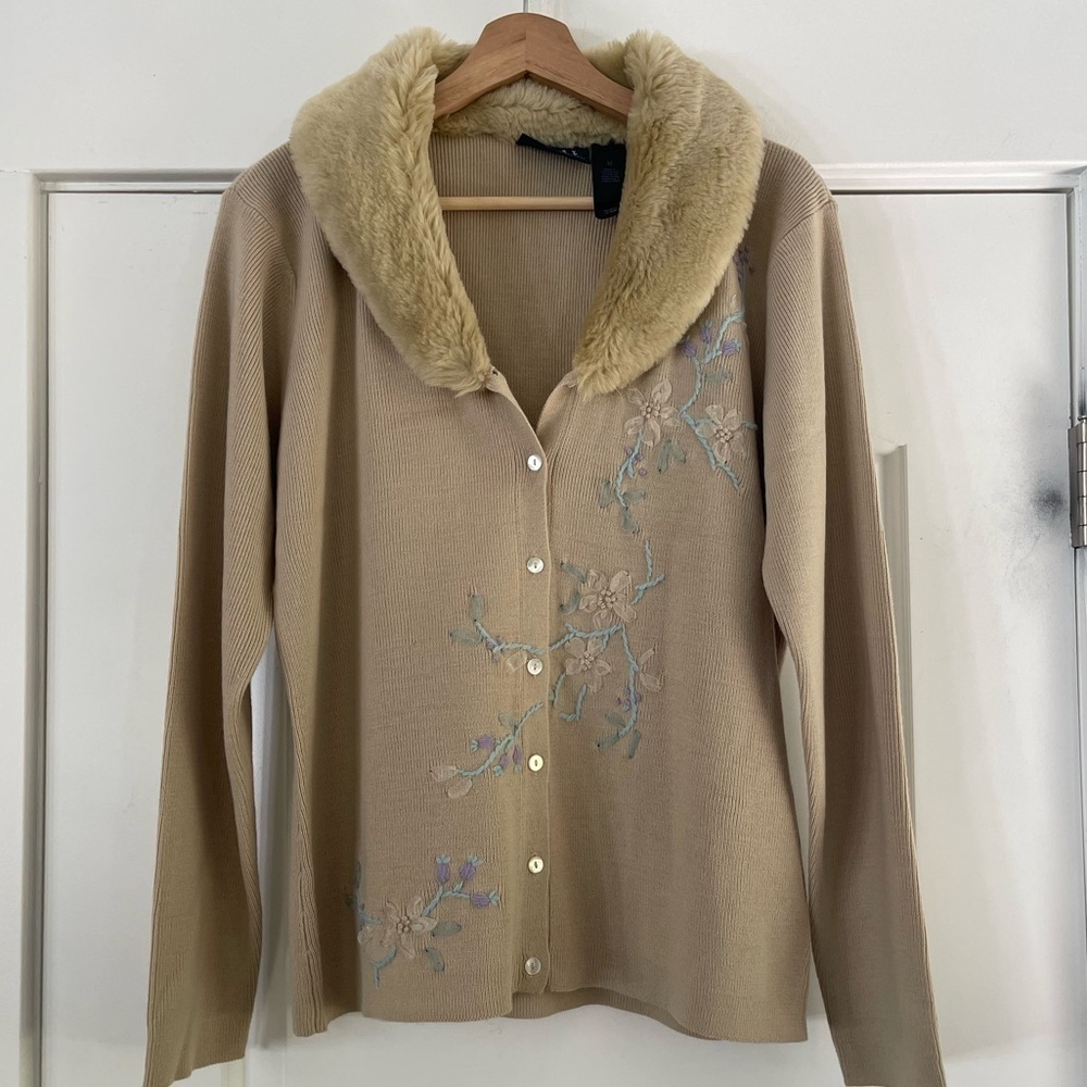 Vintage Crazy Horse Faux Fur Collar Embroidered Cardigan - M
